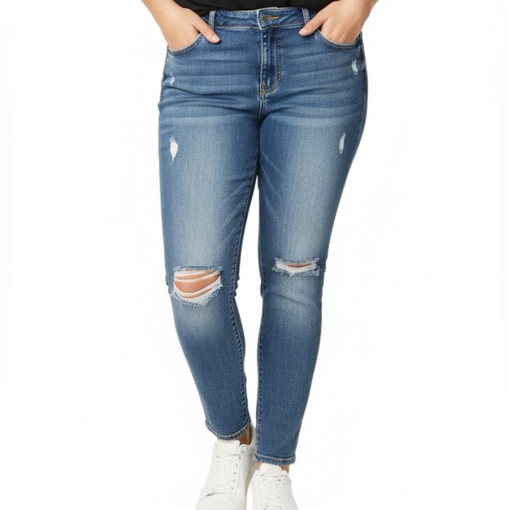 Slink Jeans Medium Wash Skinny Distressed Jeans Destroyed Knees Whiskering 18